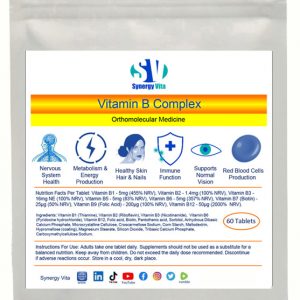 Synergy Vita vitamin B complex supplement contains Thiamine (B1), Riboflavin (B2), Niacin (B3), Pantothenic Acid (B5), Pyridoxine (B6), Biotin (B7), Folic Acid (B9), and vitamin B12. The B vitamins are necessary for normal enzymes activity, and also are important for a wide range of cellular functions, like carbohydrates metabolism and nutrients transport throughout the body. In addition vitamin B are required for maintaining a healthy brain and nerve function, and for cancer prevention.