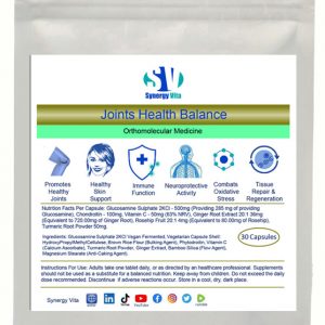 Synergy Vita Joints Health supplement formula provides Glucosamine, Chondroitin, Vitamin C, Ginger, Rosehip and Turmeric. These active ingredients work together to support joints health and help improve joints problems.