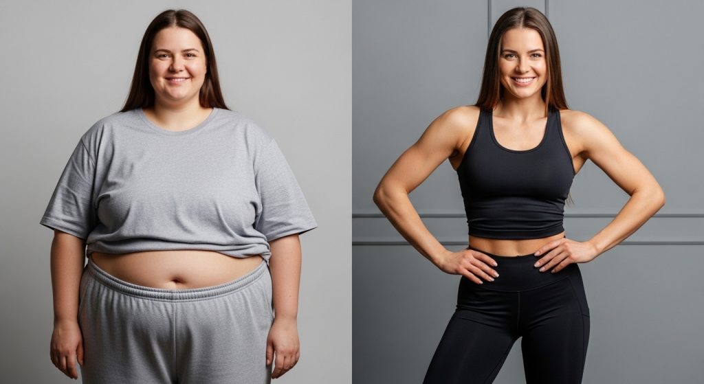 Body Mass Index & Body Composition Assessment. A woman from fat to fit.