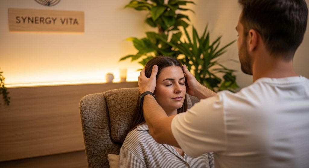 Integrative medicine and holistic health and stress reduction and hormone balance consultation at Synergy Vita, showing a practitioner guiding a client through relaxation and wellness techniques for improved mental and emotional wellbeing.